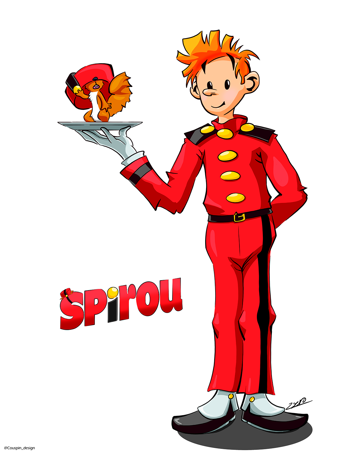 Spirou tenant Spip sur un plateau